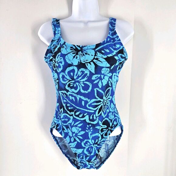 Vintage 90s/ Y2K Catalina Swimsuit Plus Size 1XL(16W) 1pc Blue Floral Ribbed - Picture 13 of 13